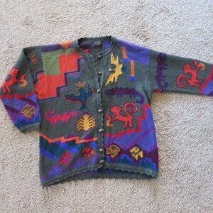 Vintage Peru Wool Sweater Cardigan 100% Alpaca Colorful Button Up